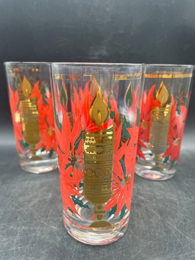 MCM Pasinski Christmas Glasses - 22K Gold Candles with Red Poinsettias - 2