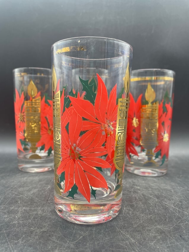 MCM Pasinski Christmas Glasses - 22K Gold Candles with Red Poinsettias - 6