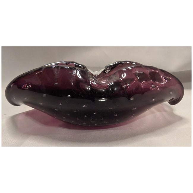 Murano Mid Century Deep Purple Art Glass Controlled Bubble Cigar Ashtray - 2