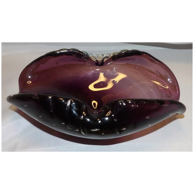 Murano Mid Century Deep Purple Art Glass Controlled Bubble Cigar Ashtray - 3