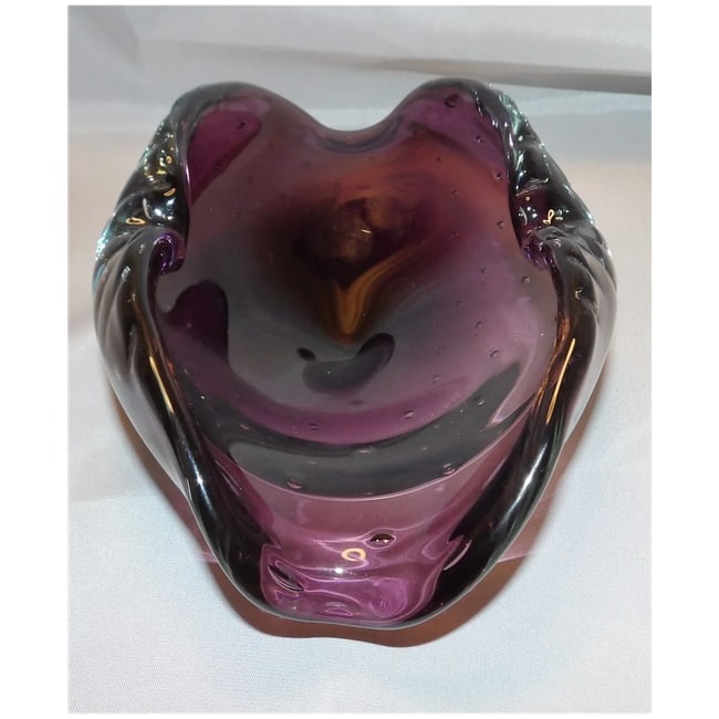 Murano Mid Century Deep Purple Art Glass Controlled Bubble Cigar Ashtray - 4