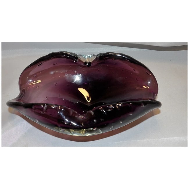 Murano Mid Century Deep Purple Art Glass Controlled Bubble Cigar Ashtray - 5