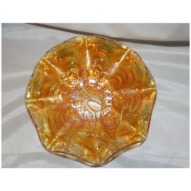 Vintage Imperial Glass Ruffled Pansy Bowl Iridescent Dark Marigold Carnival Glass - 2
