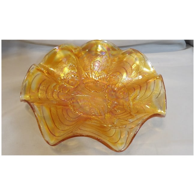 Vintage Imperial Glass Ruffled Pansy Bowl Iridescent Dark Marigold Carnival Glass - 3