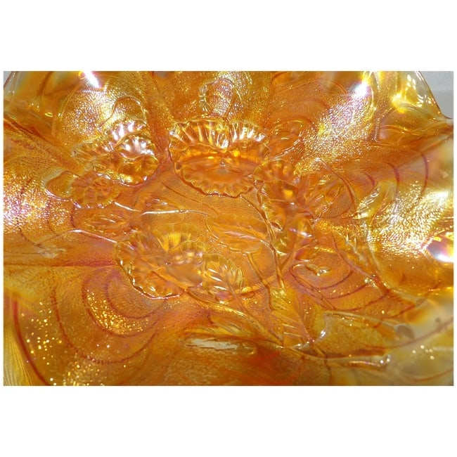 Vintage Imperial Glass Ruffled Pansy Bowl Iridescent Dark Marigold Carnival Glass - 4