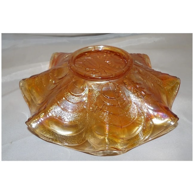 Vintage Imperial Glass Ruffled Pansy Bowl Iridescent Dark Marigold Carnival Glass - 7