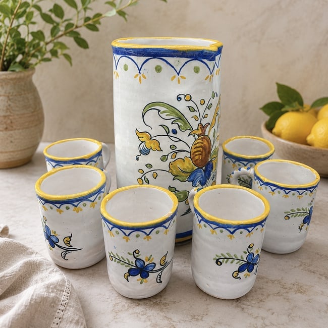 Hand Painted Faience Pottery Pitcher & Six Cups Signed Art Pottery Beverage Set (1 of 8)