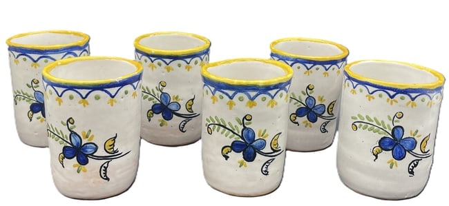 Hand Painted Faience Pottery Pitcher & Six Cups Signed Art Pottery Beverage Set - 2