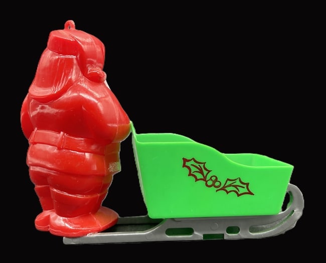 VINtage HARD PLASTIC CANDY CONTAINER WAVING SANTA SLED SLEIGH GREEN TOBOGGAN - 5