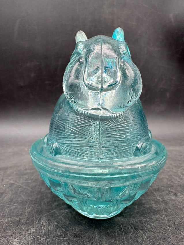 Vintage Aqua Glass Bunny Rabbit on Nest Covered Candy Dish Easter Trinket Box - 2