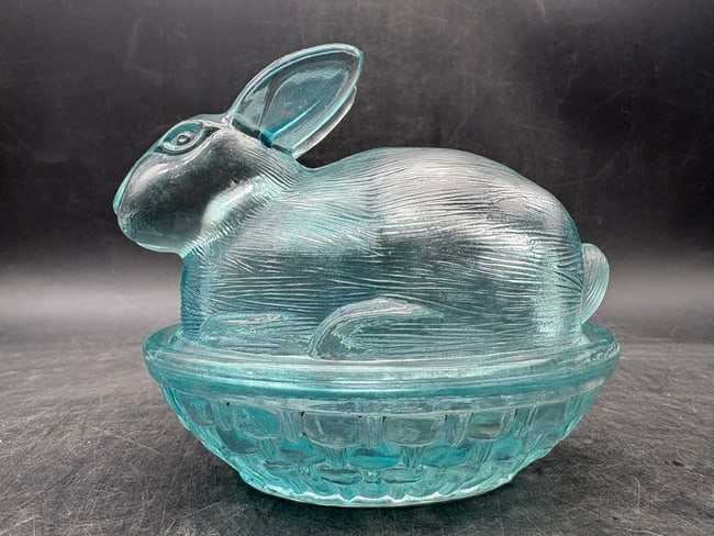 Vintage Aqua Glass Bunny Rabbit on Nest Covered Candy Dish Easter Trinket Box - 3