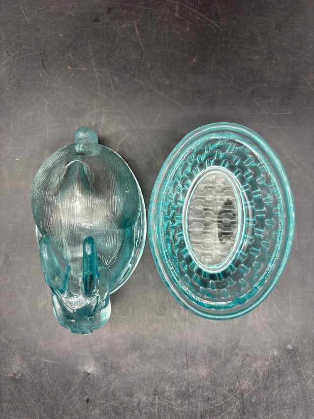 Vintage Aqua Glass Bunny Rabbit on Nest Covered Candy Dish Easter Trinket Box - 5