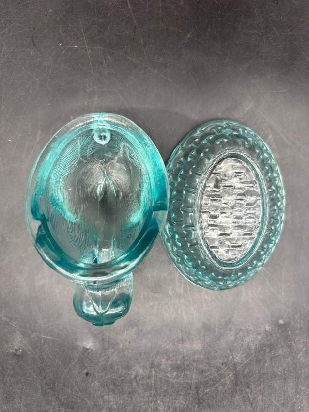Vintage Aqua Glass Bunny Rabbit on Nest Covered Candy Dish Easter Trinket Box - 6