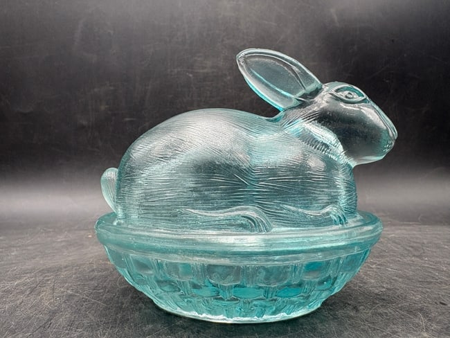 Vintage Aqua Glass Bunny Rabbit on Nest Covered Candy Dish Easter Trinket Box - 8