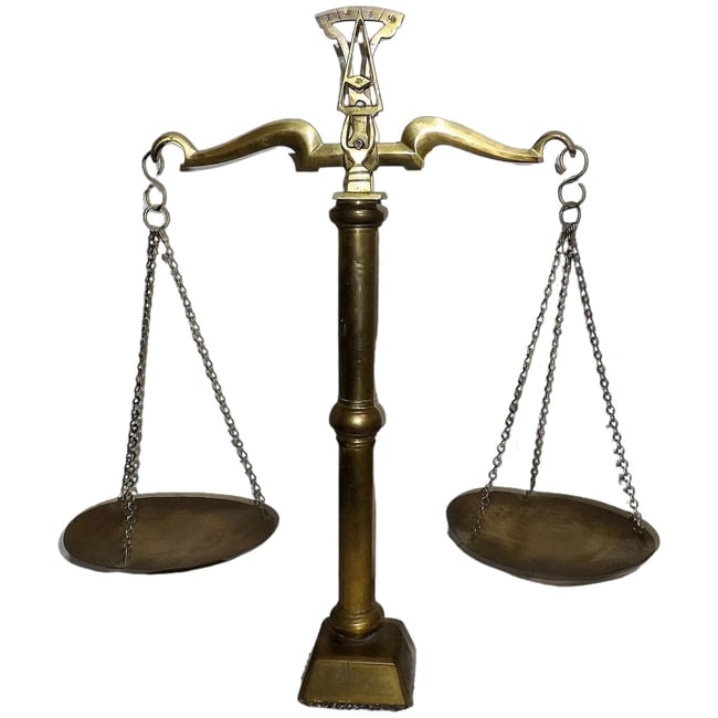 Antique Brass Pan Balance Scale of Justice: This Antique Brass Pan Balance Scale of Justice is in excellent condition. It will polish up nicely if you so desire. It has a pad on the bottom to prevent scuffing (that could be replaced with a