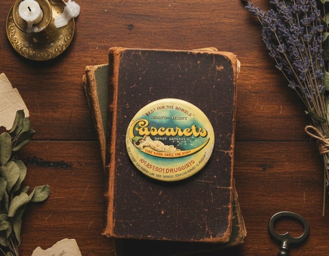 Antique Cascarets Pocket Mirror Advertising Candy Cathartic Wheeling WV Quack Medicine: Date/Period: Circa 1900-1915 Dimension: Approx 2" diameter Material: mixed materials Additional Information: Early 20th century advertising mirror for Cascarets, a popular patent medicine produced by 
