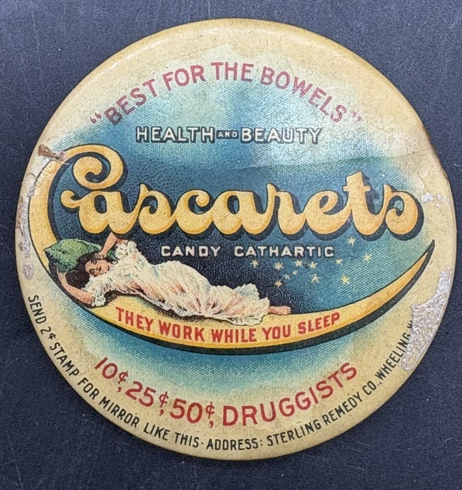 Antique Cascarets Pocket Mirror Advertising Candy Cathartic Wheeling WV Quack Medicine - 7