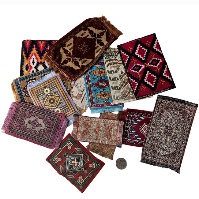 Large Lot of Miniature Dollhouse Hand-knotted Rugs and Carpets: Title: Large Lot of Miniature Dollhouse Hand-knotted Rugs and Carpets Description: 12 plus pieces of varying sizes, makes and colors. Persian Carpet Tobacco felts circa 1910 measure around 4-4.25 L x