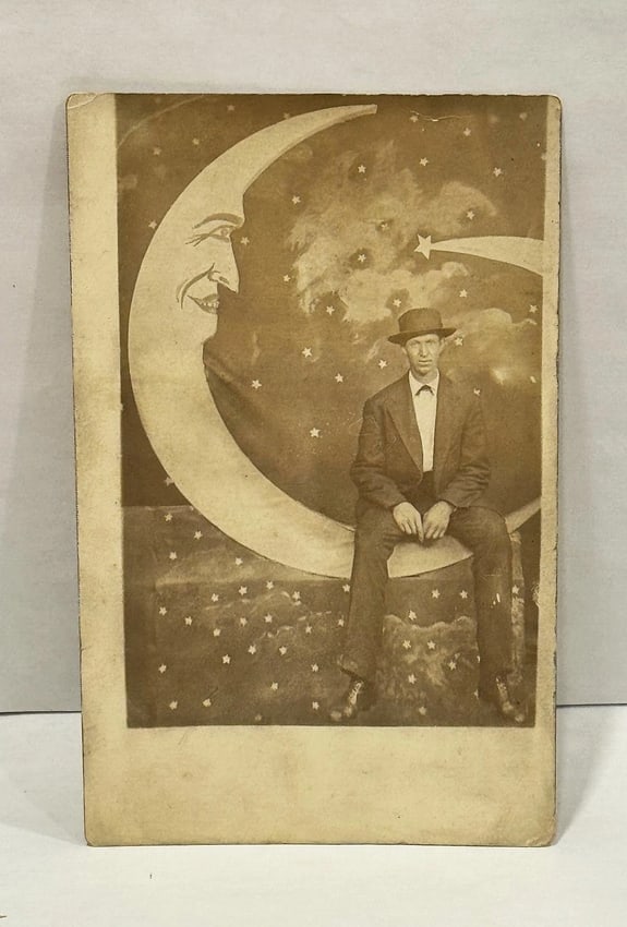 RPPC Real Photo Paper Moon Postcard Man 'Papa' Cut-out Paper Moon Shooting Star - 2