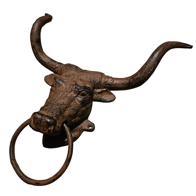 Cast Iron Longhorn Bull with Hitch Ring Door Knocker Wall Decor - 2