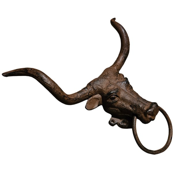 Cast Iron Longhorn Bull with Hitch Ring Door Knocker Wall Decor - 3