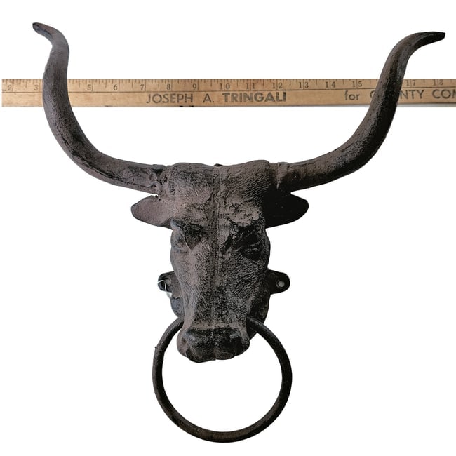 Cast Iron Longhorn Bull with Hitch Ring Door Knocker Wall Decor - 4