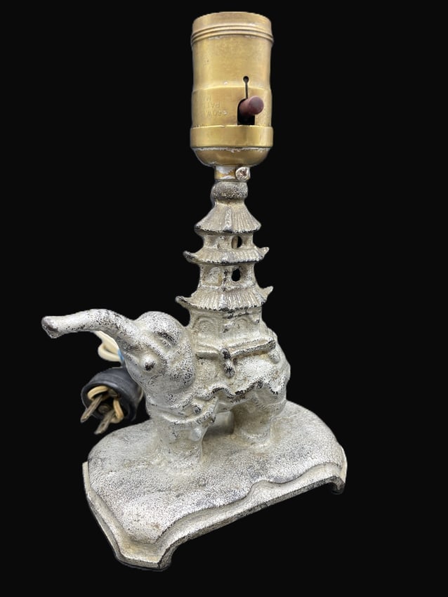 Vintage Cast Iron Elephant Pagoda Table Lamp Asian Motif Art Deco Accent Light - 2