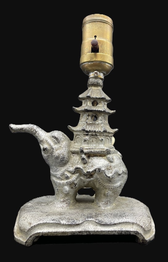 Vintage Cast Iron Elephant Pagoda Table Lamp Asian Motif Art Deco Accent Light - 3