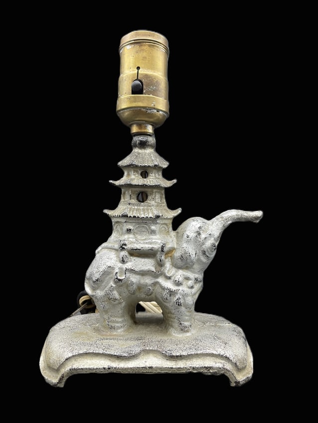 Vintage Cast Iron Elephant Pagoda Table Lamp Asian Motif Art Deco Accent Light - 8