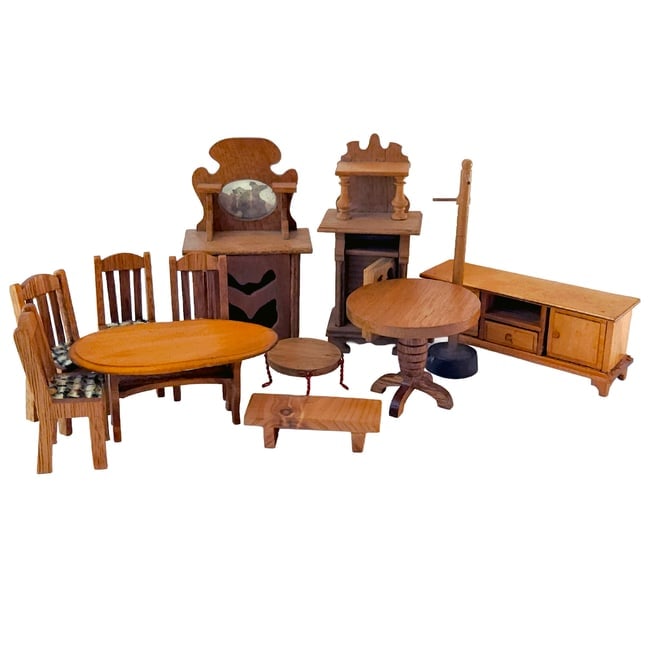 Vintage Wood Dollhouse Furniture: Title: Vintage Wood Dollhouse Furniture Description: The highlight of this lot are the 2 unmarked oak side boards that are possibly made by Schneegas, Germany in the 1880s or earlier. Also included