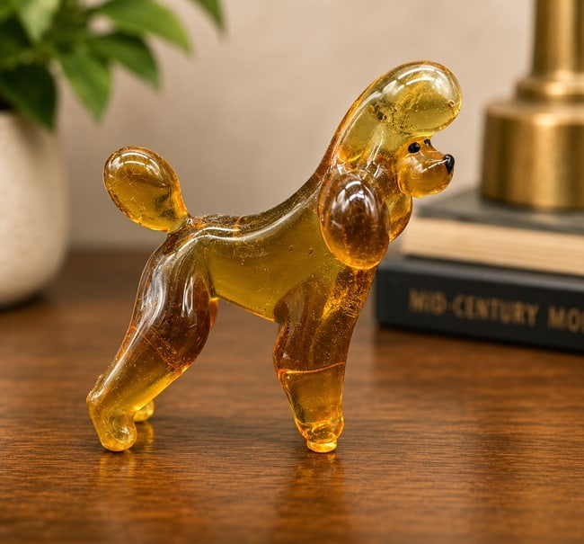 Vintage Amber Art Glass Poodle Figurine Mid Century Modern Dog Figure: Date/Period: Circa 1950s-1970s Dimension: Approx. 2.25" tall x 2" Material: glass Additional Information: Charming vintage amber art glass poodle figurine featuring a stylized Mid-Century Modern form
