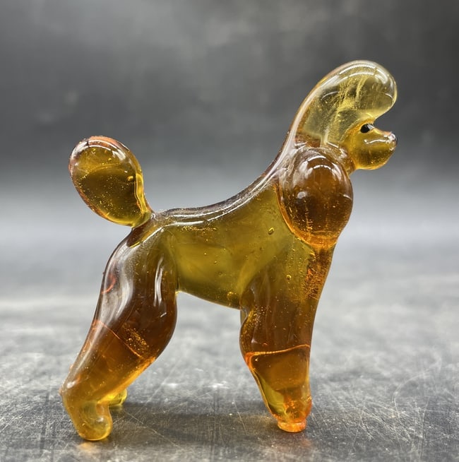 Vintage Amber Art Glass Poodle Figurine Mid Century Modern Dog Figure - 2