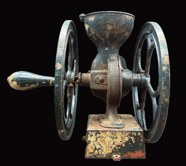 ANTIQUE COLES MFG. PHILA, 2 WHEEL SMALL COFFEE GRINDER - 5