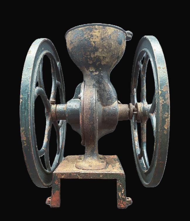 ANTIQUE COLES MFG. PHILA, 2 WHEEL SMALL COFFEE GRINDER - 6