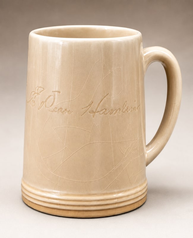 1948 Rookwood Pottery Personalized Mug Stein No. 587C E. Dean Hamlin Art Pottery: Date/Period: approx 1948 Dimension: Approx. 5" tall x 5.5 x 4" Material: pottery Additional Information: An appealing mid-century Rookwood Pottery mug dating to 1948, marked shape number 587C and