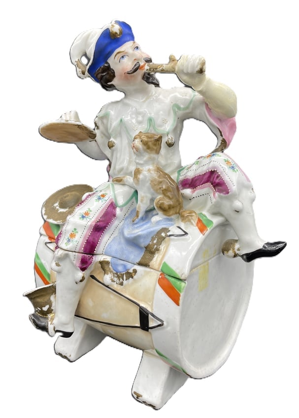 Antique Conta & Boehme Porcelain Jester Tobacco Jar Humidor with Cat c.1900 - 2