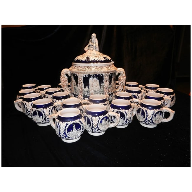 Vintage Marzi & Remy German Stoneware Tureen / Punch Bowl -20 Cups and Glass Ladle - 2