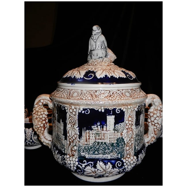 Vintage Marzi & Remy German Stoneware Tureen / Punch Bowl -20 Cups and Glass Ladle - 4