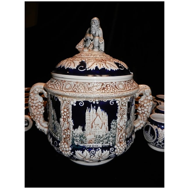 Vintage Marzi & Remy German Stoneware Tureen / Punch Bowl -20 Cups and Glass Ladle - 7