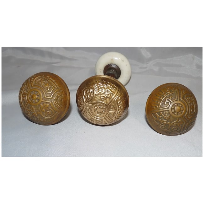 Antique Brass Wide Base Corbin Ceylon & Porcelain Doorknobs - 2