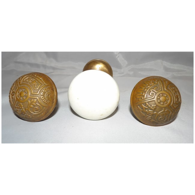 Antique Brass Wide Base Corbin Ceylon & Porcelain Doorknobs - 3