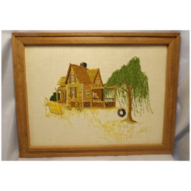 VTG 1976 Wood Framed Crewel Weeping Willow Farm House Quilt Tire Swing 22.5x18" - 2