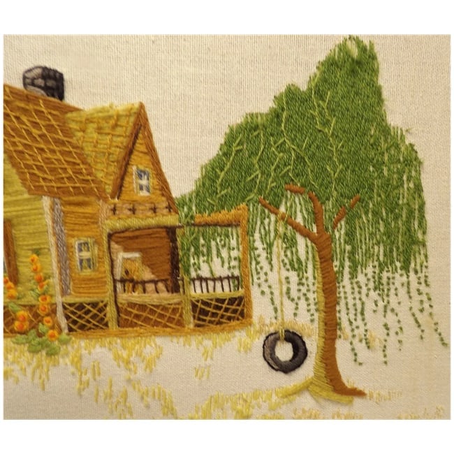 VTG 1976 Wood Framed Crewel Weeping Willow Farm House Quilt Tire Swing 22.5x18" - 3