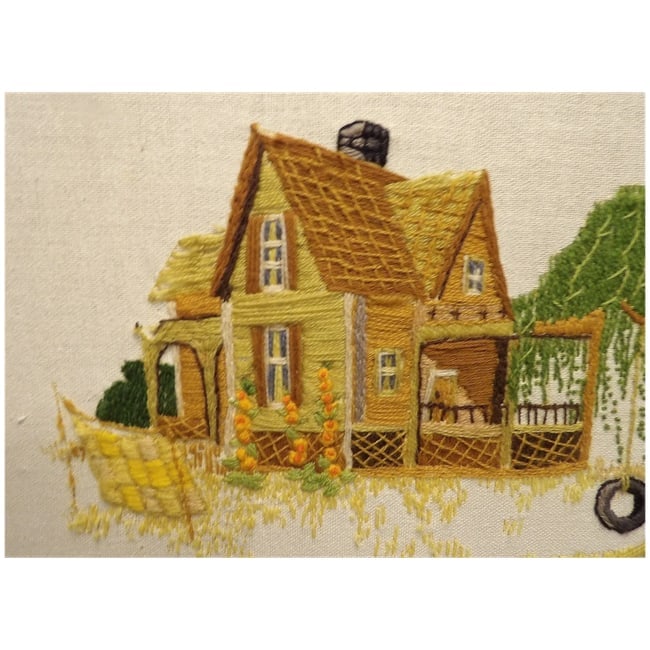 VTG 1976 Wood Framed Crewel Weeping Willow Farm House Quilt Tire Swing 22.5x18" - 4
