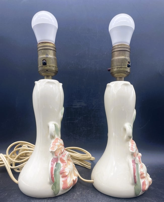 Pair of Vintage WILLIAM F.B. JOHNSON ORCHID Hand Painted Vanity /Dresser Lamps - 2