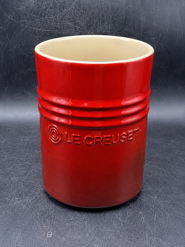 Le Creuset Cerise Red Stoneware Kitchen Utensil Crock French Cookware Holder - 8