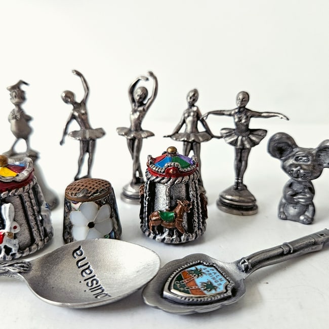 Mixed Assortment of Pewter Collectibles Including Ballerinas and Thimbles - 4