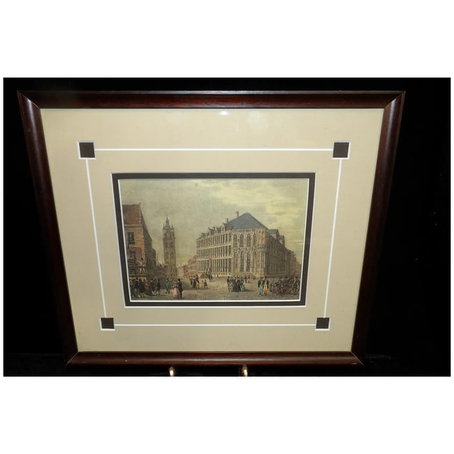 Antique Colored Lithograph- - Ghent's Gothic City Hall - Belfort Tower Belgium -1860 - 2