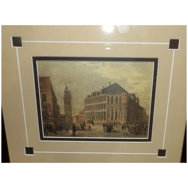 Antique Colored Lithograph- - Ghent's Gothic City Hall - Belfort Tower Belgium -1860 - 3