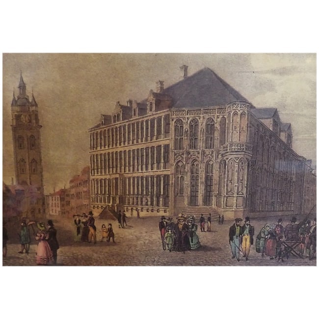 Antique Colored Lithograph- - Ghent's Gothic City Hall - Belfort Tower Belgium -1860 - 4